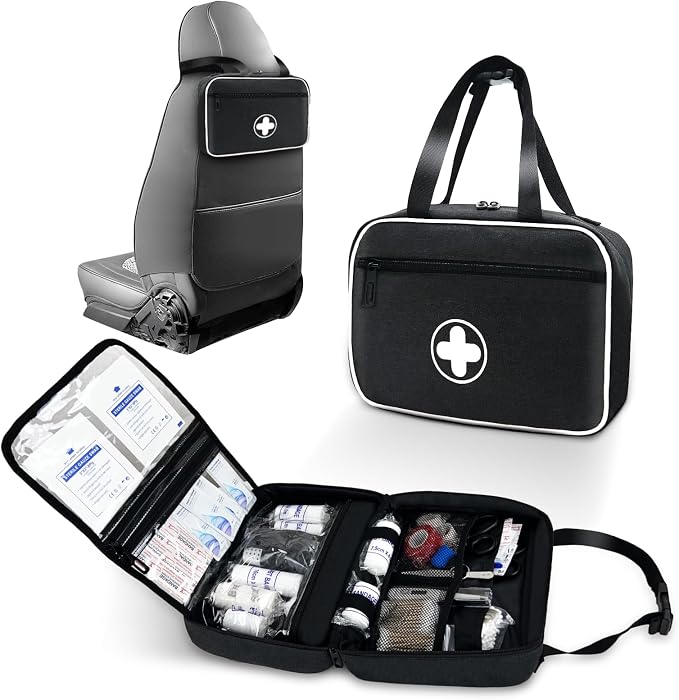 Portable First Aid Bag, Empty Emergency Trauma Kit with Reflective Strips, Multi-Compartment Medical Organizer for Travel, Camping, Car, Outdoor and Home, BAG ONLY (Black)