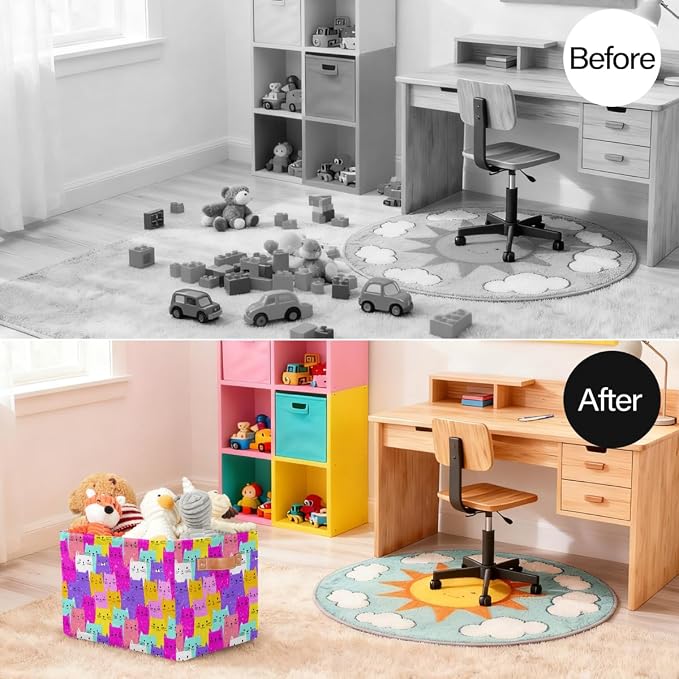 Pardick Storage Baskets Bin, Colorful Animals Cat Cute Collapsible Canvas Fabric Storage Bin Decorative Baskets Toy Organizer Rectangle Storage Boxes with handles for Home Shelves Nursery,Q-9