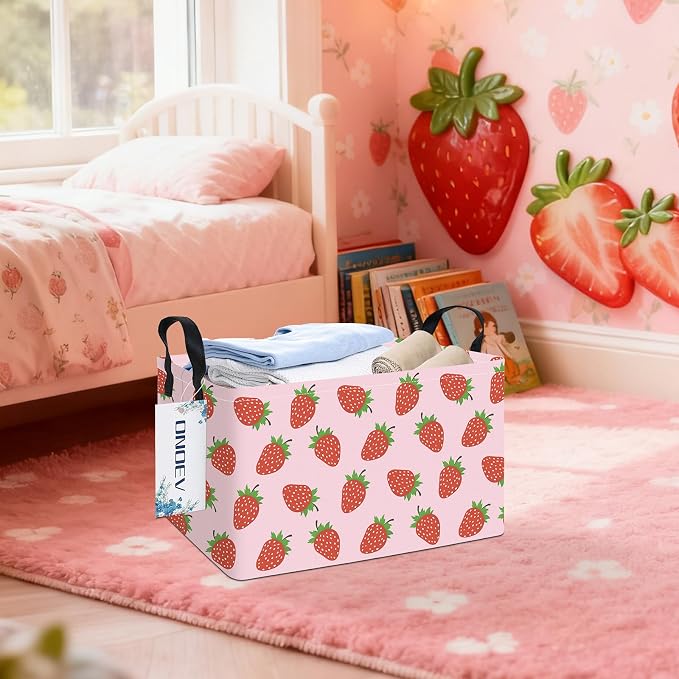 Rectangular Fabric Storage Bin, Foldable Strawberry print Basket | Damp-proof canvas with reinforced stitched handles.Great for clothes,books and sundries in closets,playrooms,laundry rooms.