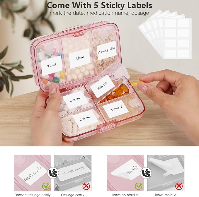 FYY Travel Pill Organizer, Large Weekly Medicine Pill Organizer-Pink | Airtight Moistureproof Medicine Case, Easy to Use, 8 Compartment Pill Box for Vitamins, Fish Oil, Supplements, Mini First Aid