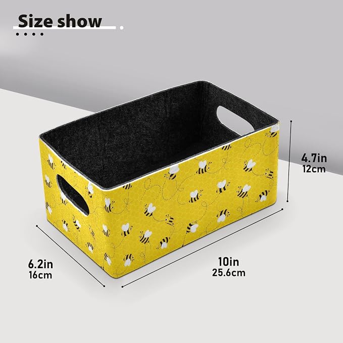 Emelivor Bees Yellow Storage Basket Bins Set (2pcs) Felt Foldable Storage Bins with Fabric Rectangle Basket for Organizing for Pet Books Clothes Closet Cabinet Organise