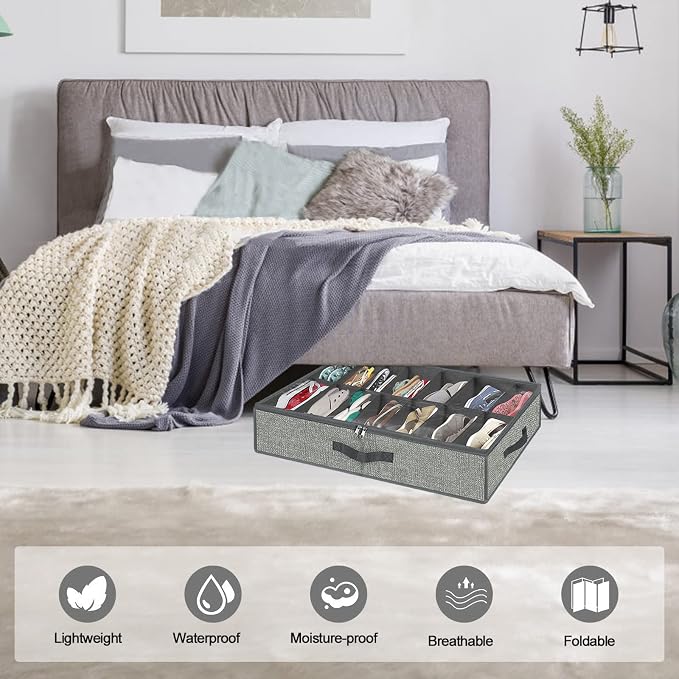 28 Pairs Shoe Organizer Under Bed, Underbed Shoe Storage Boxes Bins, Organizador De Zapatos, Extra Large Zapateras Organizer, Grey, Set of 2
