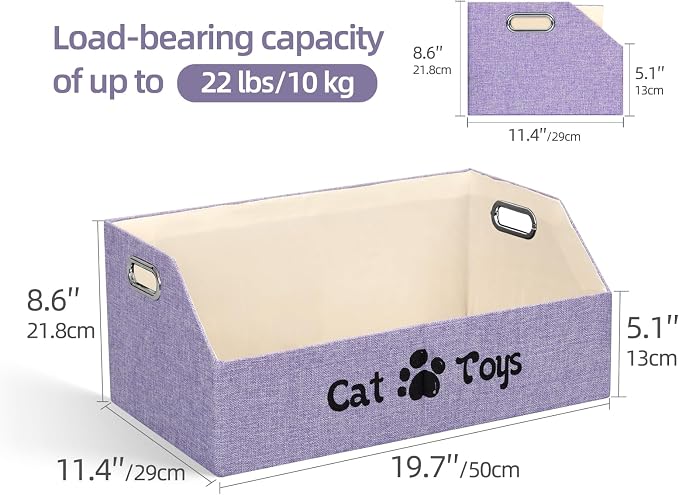 19.7 Inch Cat Toy & Supplies Storage Organizer with Metal Handles | Foldable Fabric Bin Kitten Pet Chest Trapezoid Container for Organizing Cats Clothes Accessories