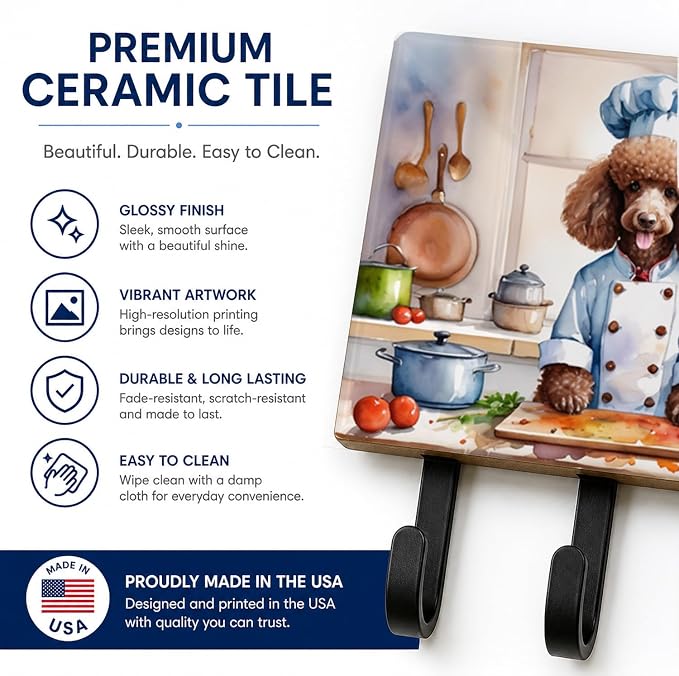 Caroline's Treasures Chocolate Poodle The Chef Leash or Key Holder Wall Hooks, Key Hooks Holder, Coat Rack Wall Mount, Coat Hooks, Hooks for Hanging Keys, Towels, Aprons, Leashes | Chocolate Poodle The Chef artwork on ceramic tile with three steel hook...