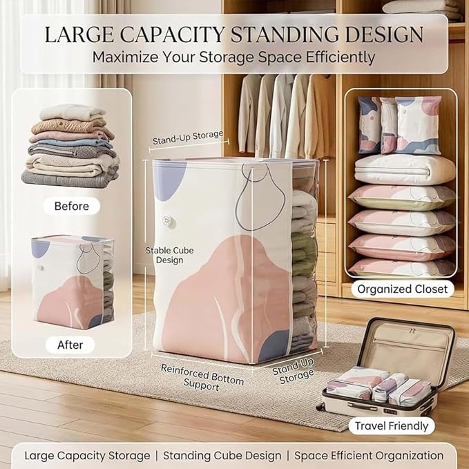 Large Capacity Vacuum Bags No Pump Needed, No Pump Large Vacuum Storage Compression Bags, Reusable No-Pump 3D Vacuum Storage Bags for Jumbo Clothes Bedding, Comforters, Off‑Season Gear (S-5PC)