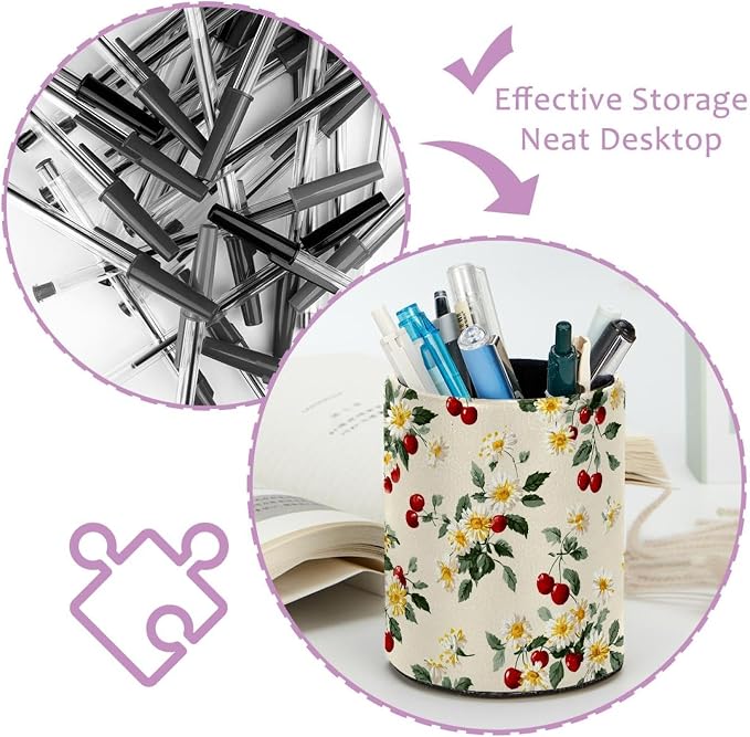 Faux Leather Pen Holder for Desk, Pencil Organizer Daisies and Cherries Pen Cup Desk Decor Makeup Brush Holder Storage for Office Home