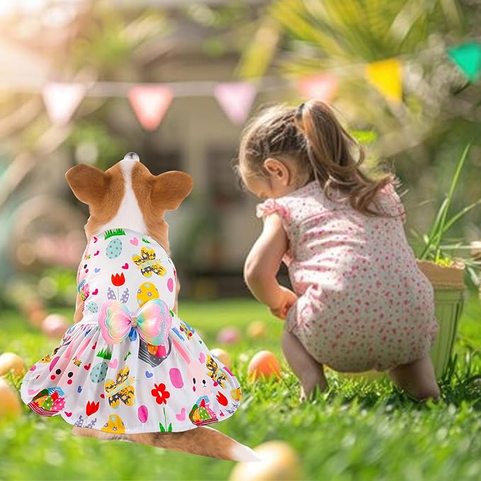 Easter Dog Costume Dress for Pets, Easter Bunny Pet Outfit Dogs Bow Clothes,White Puppy Skirt, Spring Dog Outfit,Size L (24.2-28.6 lbs)