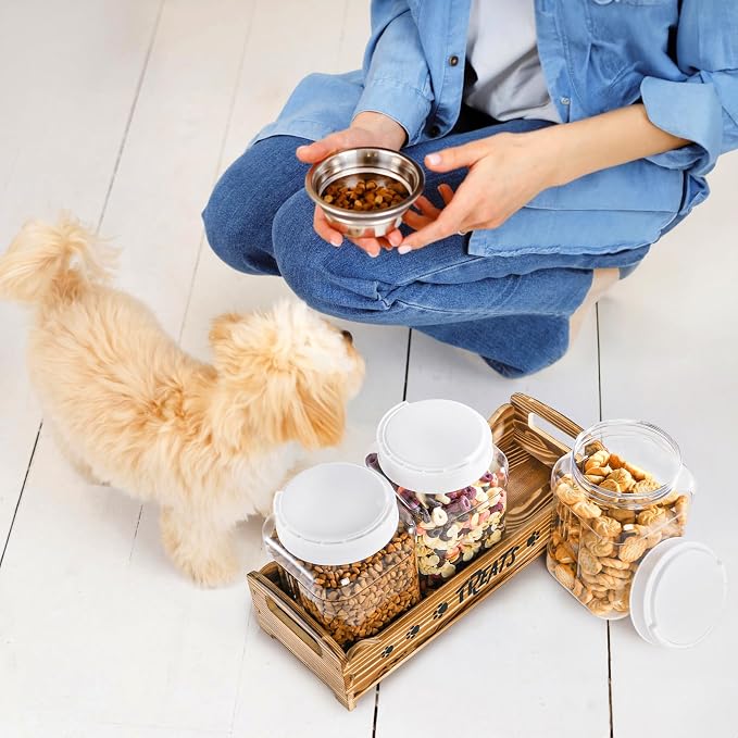 Tlence Dog Treat Container Set, 3 Airtight Plastic Jars with Wooden Paw Print Stand, Pet Treat Holder with Scoop for Kitchen Counter