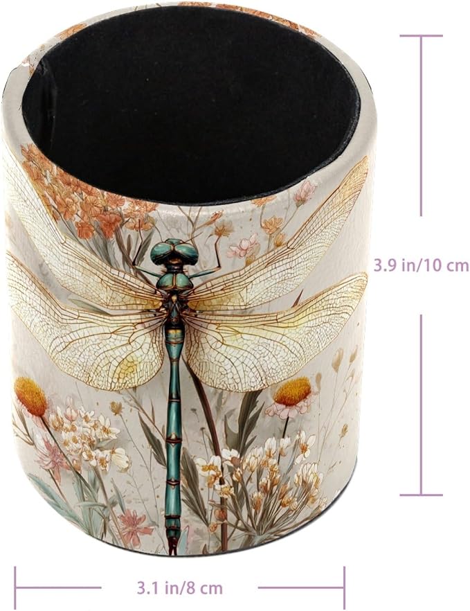 Dragonfly and Flower Pen Holder, Pencil Cup Marker Brush Holder Desk Storage Case, Desktop Organizer for School Office Home Supplies
