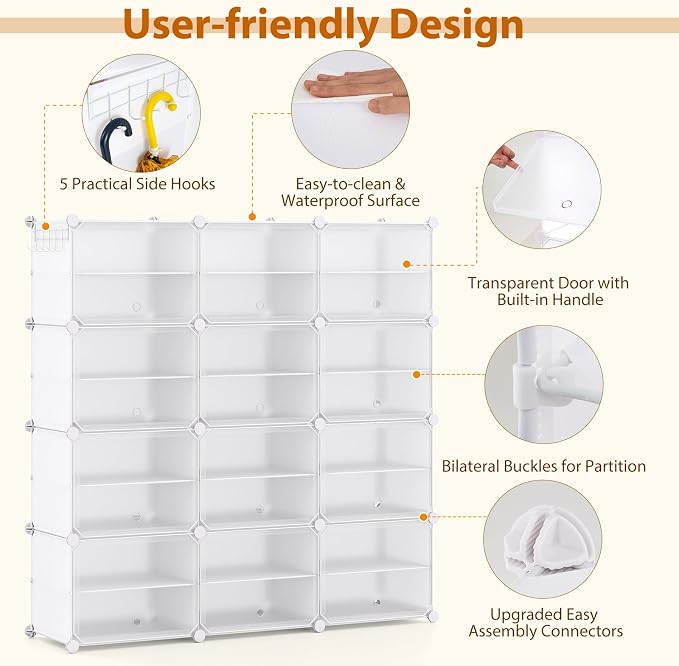 GOFLAME Portable Shoe Rack Organizer, 48 Pairs Expandable Modular Shoe Storage Cabinet with Doors, Adjustable Panels, 8-Tier DIY Shoe Shelves for Closet, Hallway, Entryway, Easy Assembly, White