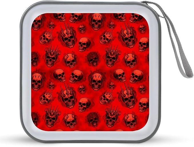 40 Capacity CD Case Red Horror Skull Protective DVD Holder Wallet | Red Horror Skull Disc Storage Organizer Binder, Hand Strap, Zipper Closure for Home Car