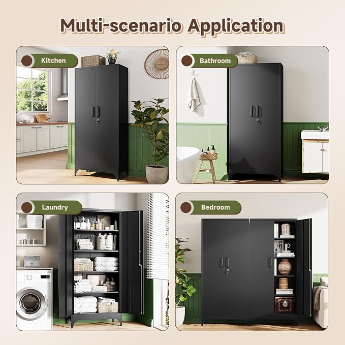 71" H Metal Storage Cabinet with 2 Doors and 4 Shelves,Tall Kitchen Pantry Cabinets,Utility Pantry Organizers for Cupboard/Dining/Bathroom/Home Office/Garage, Steel Tool Cabinets