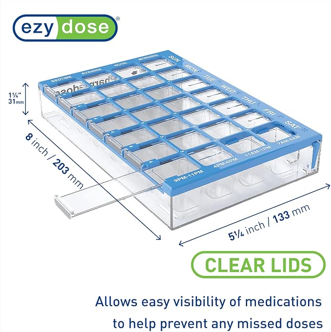 EZY DOSE Weekly (7-Day) Pill Organizer, Vitamin and Medicine Box, Medium Compartments with Easy Fill Tray, 4 Times a Day, Clear Lids, Color May Vary, BPA Free