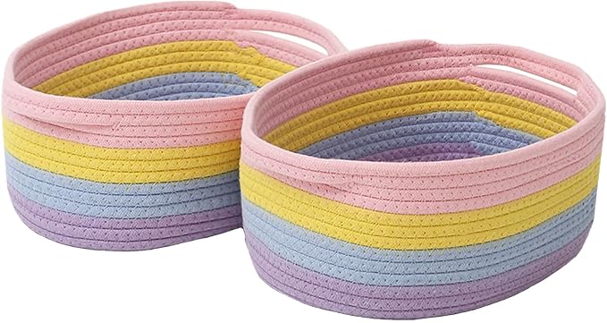JMvicyroam Small Woven Basket, Empty Gift Basket, Rainbow/2 Pack | Small Gift Basket, Cotton Rope, 12 x 8 x 52 in, Handles, Includes Ribbon and Bag, Birthday Gift Basket