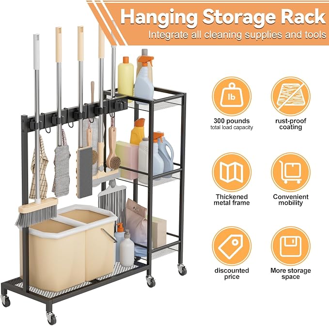 Cleaning Carts on Wheels, Rolling Broom Holder & Cleaning Supplies Organizer with 3-Tier Storage Shelf, Space Saving Janitorial Housekeeping Rack with Hanger for Home & Commercial Use Black