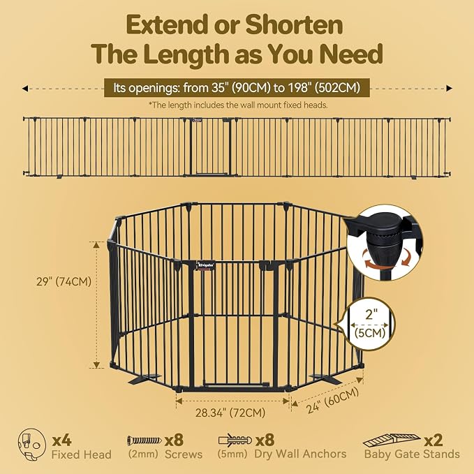 Kfvigoho Dog Gate 27.5"-199" Extra-Wide Playpen, Freestanding Pet Gate | Puppy Fence with Auto-Close Door, Double Locking System for Fireplace, Foldable (Black, 8 Panels)