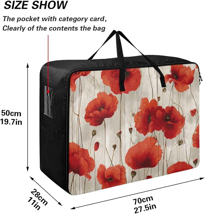 Comforter Storage Bags Large Folding Blanket Organizer Bag with Strong Handles Clear Window Closet Storage Containers for Clothes King Queen Pillows Bedding Quilt Duvet Rustic Red Poppy Flowers