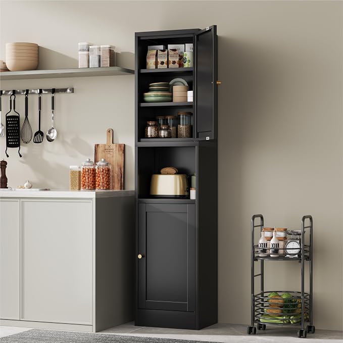 YAUWOH 2-Door Metal Storage Cabinet, Tall Slim Pantry Organizer with 3 Adjustable Shelves (120LBS/Shelf), Anti-Tipping Waterproof Cabinet for Bathroom/Kitchen/Home Office/Small Spaces, (1PC,Black)