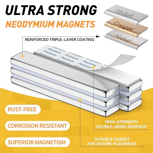 FINDMAG Adhesive Neodymium Bar Magnets, 24 Pack 60x10x3mm, Rare Earth | Magnetic strips with adhesive backing and a flat bar shape; for poster displays, cabinet doors, tools and wall signs