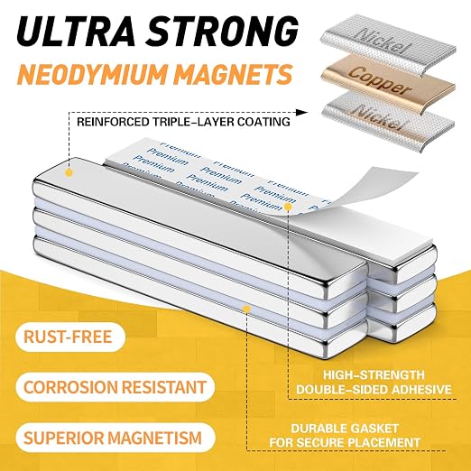 FINDMAG Rare Earth Bar Magnets with Adhesive Backing, 20 Pack, 60x10x3mm | Strong rectangular magnets with a flat mounting surface; for workshop fixtures, tool placement, cabinet doors and displays