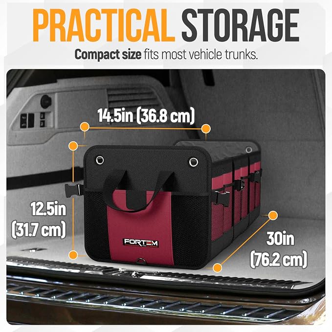 FORTEM Trunk Organizer - Collapsible Car Organizer & Storage Bag for SUVs | Car Accessories for Men & Women, Cooler Bag, Non Slip Bottom, Straps, Soft Cover, 1680D Oxford, 6 Compartments, Red, 90L
