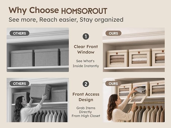 Large Closet Storage Organizer - Clothes Storage Bins with Handles & Window, Collapsible Decorative Boxes with Lids, Fabric Containers for Living Room, Dorm, 2 Pack, Beige