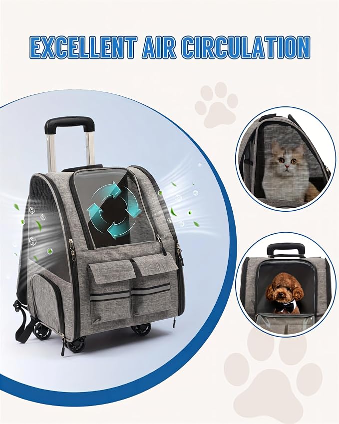 Rolling Pet Carrier with Wheels, Polyester, Soft-Sided Collapsible, Large, Travel, with Telescopic Handle and Folding Bowl (Gray Wheeled Carrier Set)