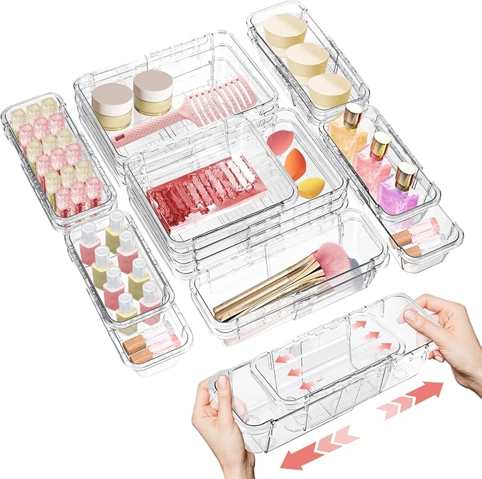 15 Pcs Expandable Drawer Organizer, All Adjustable Storage Box, Clear | 2-Size Vanity Drawer Organizer, Acrylic Storage Bins for Makeup, Cosmetic, Bedroom Dressers Tool Organizer for Gadgets