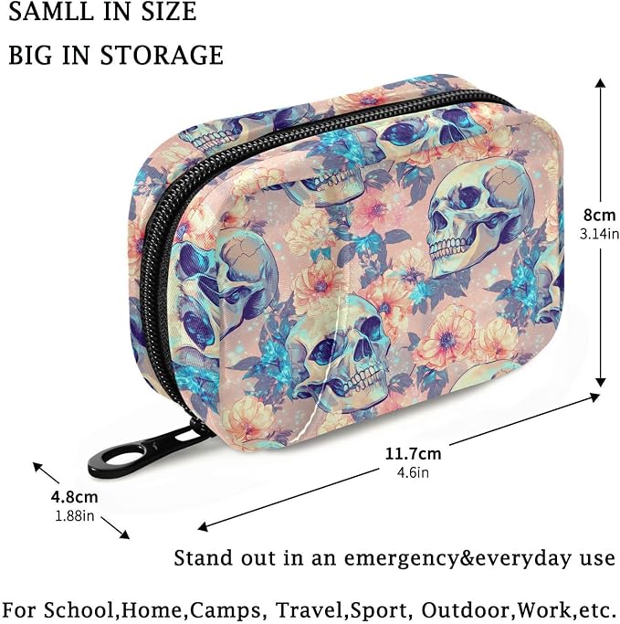 Fustylead Bright Beautiful Human Skulls and Flower Pill Organizer for Purse, Weekly Portable Pill Box with Zipper to Storage Vitamins Fish Oils Medications Supplements