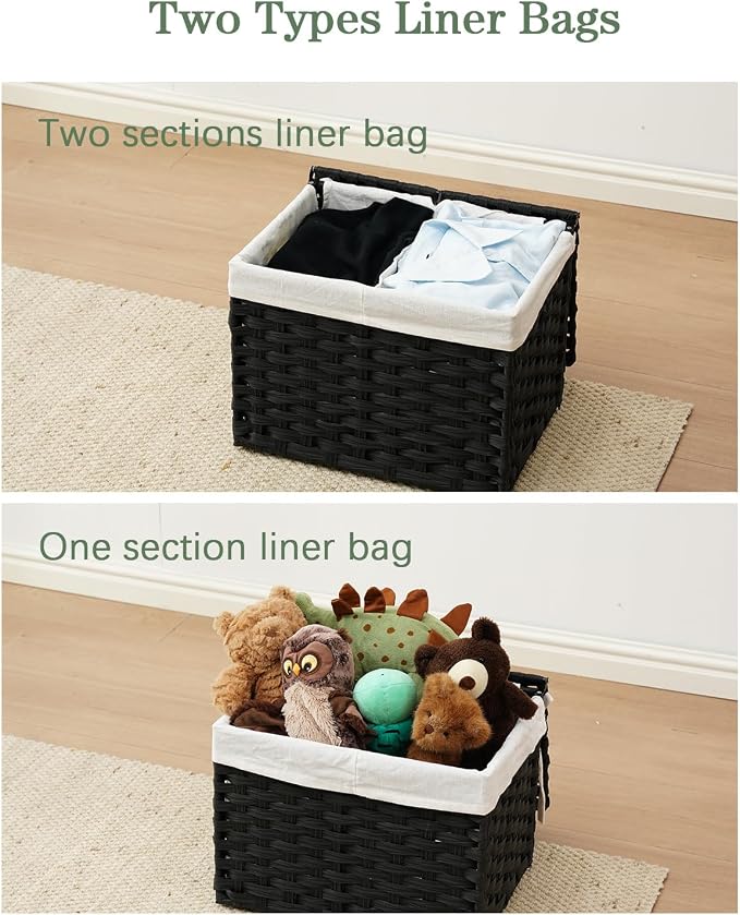SETVSON Storage Basket with Lid, 2-Lid PE Rattan Storage Bin, Black | 9.2 Gal Decorative PE Rattan Furniture Look for Bedroom, 2 Separate Lids, 2 Liners with Divider for Apparel & Essentials