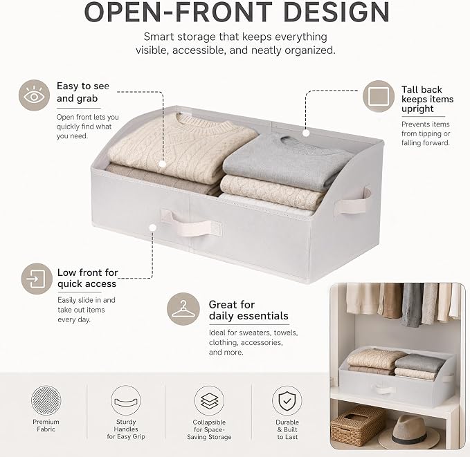 WUIKE Trapezoid Closet Storage Bins with Handles, White & Beige, 3 Pack | 19.5"L x 11"W x 8"H, Closet Shelf Organizer, Home Storage for Handbags, Clothes, Towels, Wardrobes, and Living Rooms