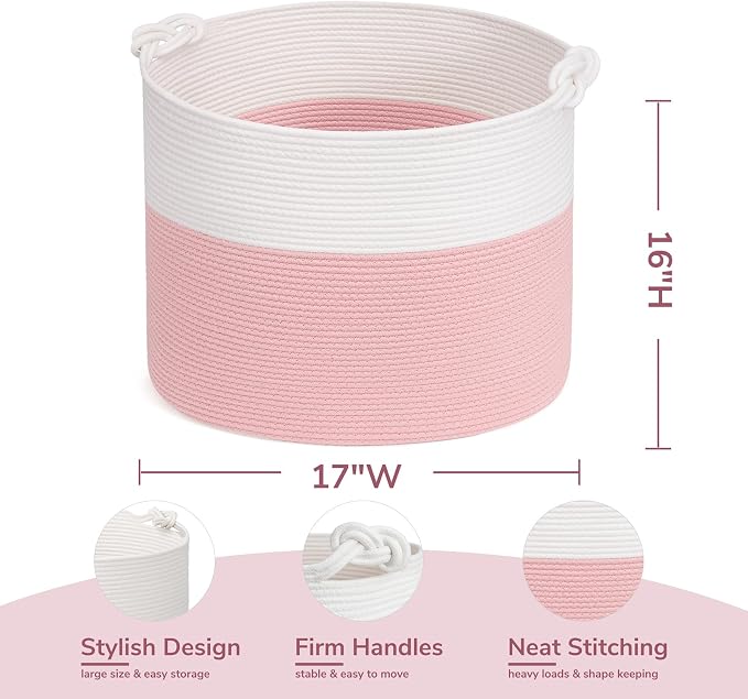 Goodpick 17"x16" Toy Storage for Kids, Home Décor Living Room, Decorative Blanket Basket for Girls Bedroom, Baby Laundry Basket With Handles, White & Pink