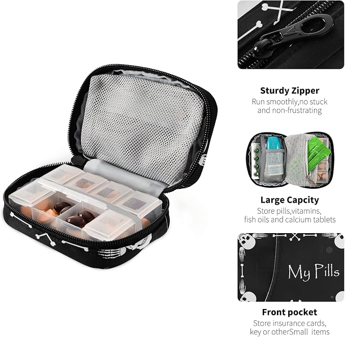 Halloween My Pill Box 7 Day Skull Pill Case Travel Pill Organizer Bag with Zipper Portable Weekly Case Compact Size for Vitamin Supplement Holder