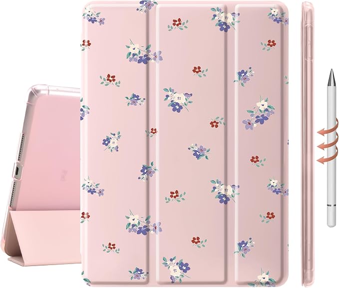 Cute Purple Flower Case for 9.7" iPad 5th/6th Generation, Clear TPU Smart Stand Back Cover with Pencil Holder, Auto Wake/Sleep Foldable Protective Case for iPad 2017/2018