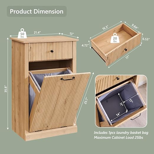 IFGET Tilt-Out Trash Can Cabinet, Fluted Laundry Hamper Cabinet,Natural Oak