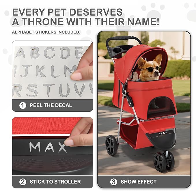 MoNiBloom Pet Stroller for Small/Medium Dogs and Cats up to 33 lbs, Red | Foldable Dog Stroller 3 Wheels Pet Strolling Cart w/ Storage Basket Cup Holder, Breathable and Visible Mesh for All-Season