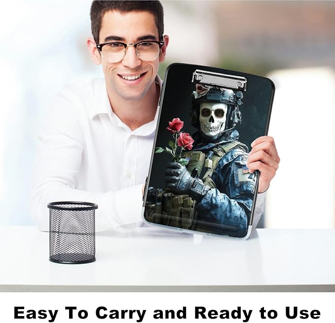A4 Clipboard with Storage Pen Holder, Clipboards Organizer Nursing Clipboard Foldable File Folder Plastic Clipboard Folio Clip Board for Office Work Classroom Doctor, Skull Man Flower