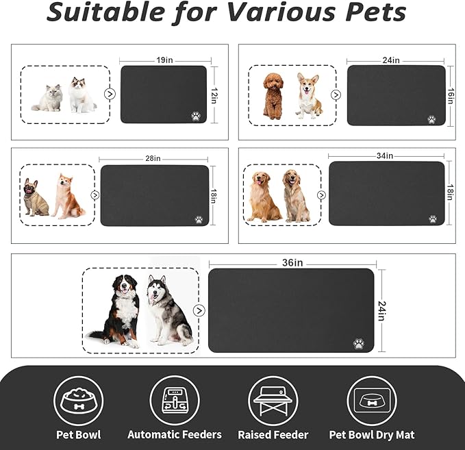 HotLive Dog Food Mat - Absorbent Cat Mat for Food and Water, No Stains Pet Feeding Bowl Mat, Easy to Clean Pet Placemats, Quick Dry Dog Water Dispenser Mat for Messy Drinkers | Paw Black 12"x 19"
