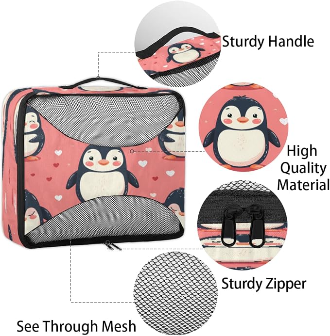 4 Set Packing Cubes for Travel, Animal Penguin Packing Cubes for Women, Travel Luggage Packing Organizers, Packing Cube Set, Cute Penguins