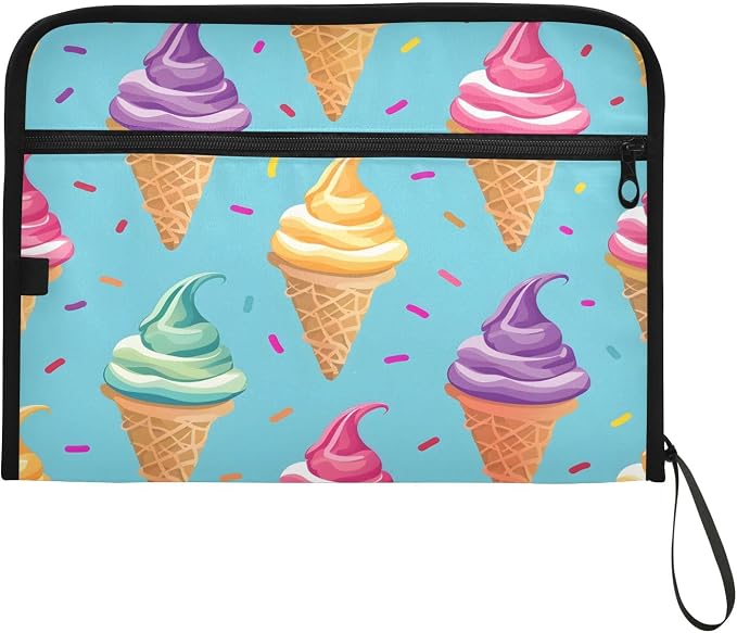 Ice Cream File Organizer 13 Pocket Expanding File Folder with Front Pouch Portable Business Fire Storage Document Organizer Folder with Zipper