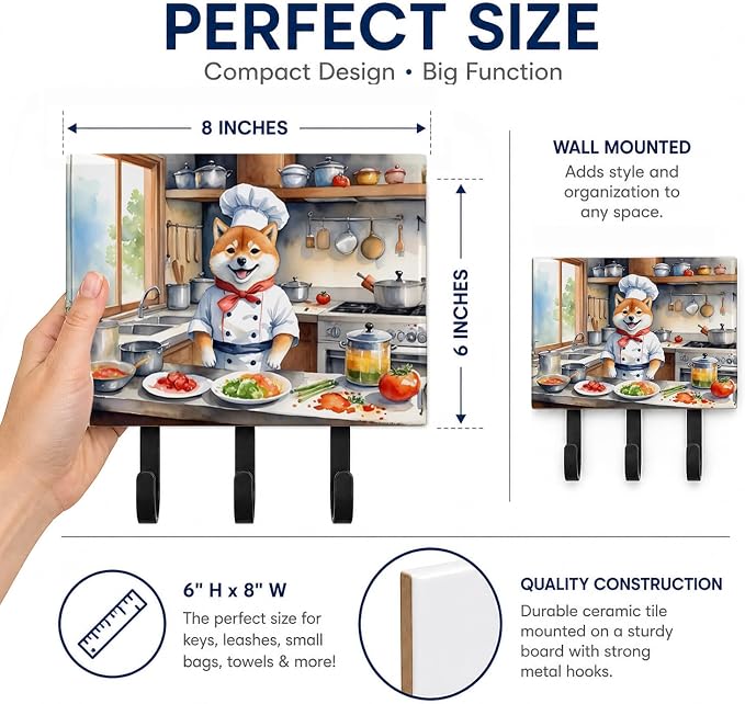 Caroline's Treasures Shiba Inu The Chef Leash or Key Holder Wall Hooks, Key Hooks Holder, Coat Rack Wall Mount, Coat Hooks, Hooks for Hanging Keys, Towels, Aprons, Leashes | Shiba Inu The Chef artwork on ceramic tile with three steel hooks for keys, le...