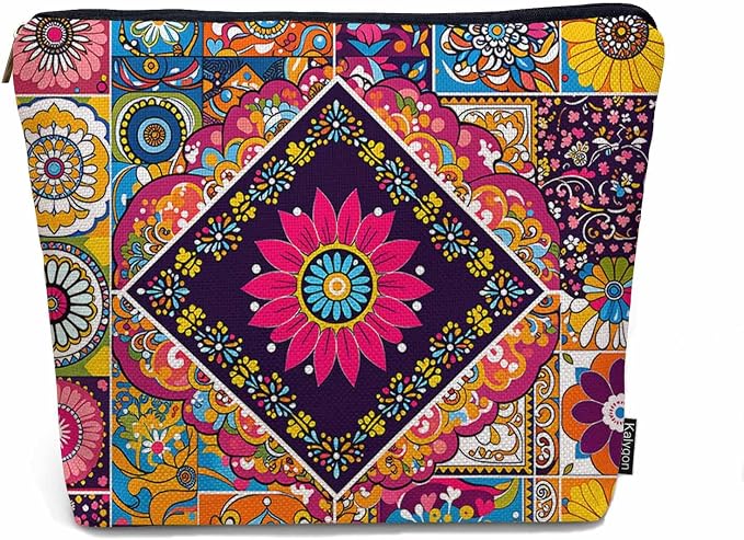 Women Makeup Organizer Bag Mandala Floral, Colorful Ethnic Mandala Flower Patchwork Flax Cosmetic Bag Makeup Bags Toiletry Bag Accessories Organizer Travel Bags For Home Bathroom Office Hotel