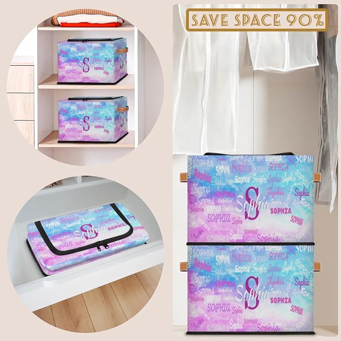 Personalized Name Storage Basket with Zipper Lid, Canvas Storage Bins Toys Clothes Organizer for Bedroom, Kitchen, Bathroom, Nursery, Shelves, Closets, Painted Blue Puple Picture