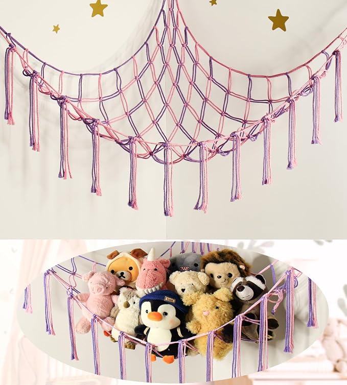 mirolam Large Stuffed Animal Hammock Corner Net for Toys Storage Hanging Stuff Animal Organizer Holder Pink Purle Girls Room Bedroom Boho Nursery Decor
