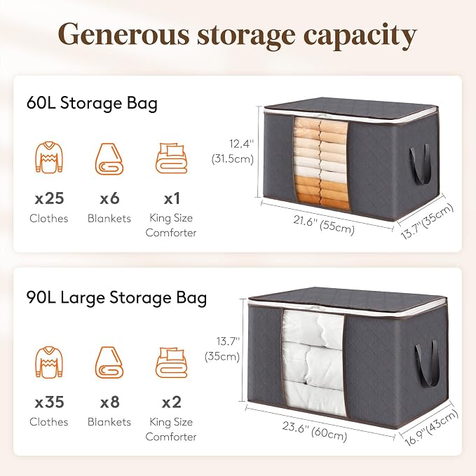 Lifewit 10 Pack 60L Clothes Storage Bins with Lids, Foldable Blanket Storage Bags with Zippers, Clear Window and Reinforced Handles, Closet and Organization for Clothing, Sweater, Comforter, Bedding