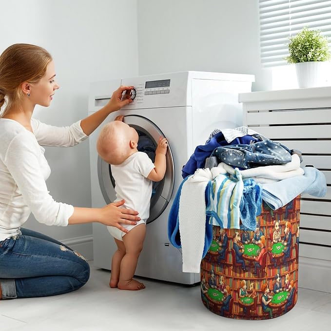 Foldable Laundry Organizer with Handles Dogs Playing Poker Cards Library, Waterproof Hamper Basket for Clothes, Toys, and Bedroom Storage Solutions