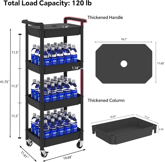 STEEHOOM 4 Tier Rolling Cart with Handle, Utility Cart with Table Top Easy Assembly Bathroom Storage Cart on Wheels for Office, Living Room, Kitchen, Craft Room, Black