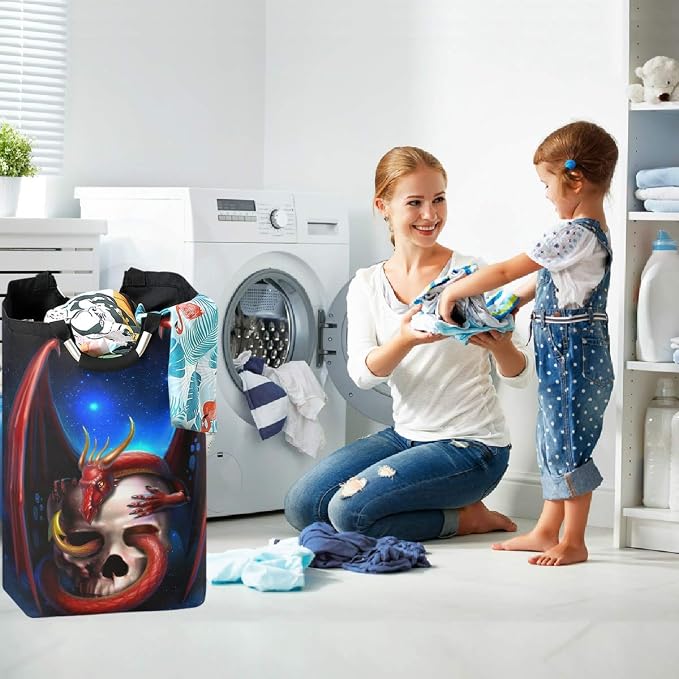 visesunny Red Dragon With Skull Large Laundry Bag Collapsible Oxford Fabric Laundry Hamper Foldable Portable Dirty Clothes Laundry Basket with Handles Waterproof Washing Bin Laundry Tote Bag