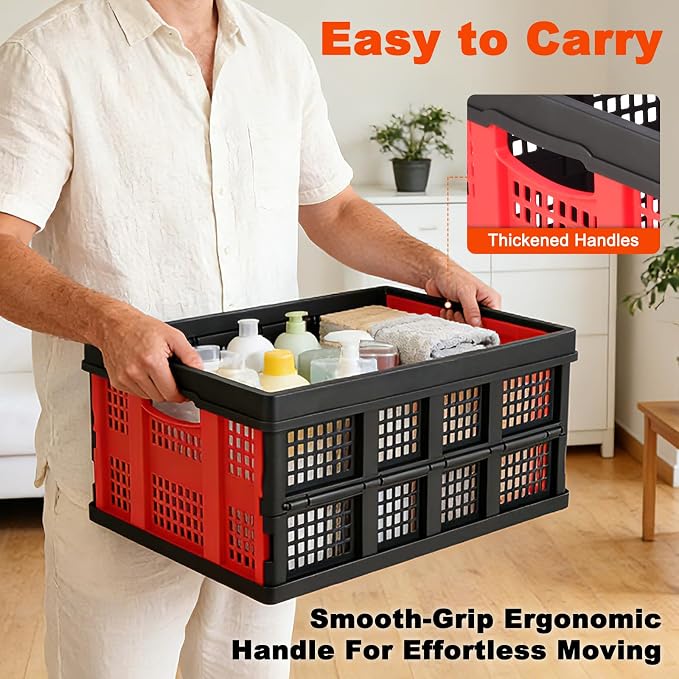 55L Collapsible Storage Bins with Handle, | Platic Storage Crates for Organizing Tools, Books, Food, Drinks, Camping & Home, Large to Hold 55 lbs Folding Utility Crate