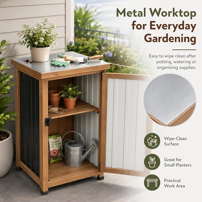 Ketive Outdoor Storage Cabinet with Metal Worktop, Small Garden Storage Cabinet with Adjustable Shelf, Weather-Resistant Fir Wood Tool Organizer for Patio, Backyard, Porch or Balcony